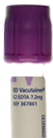 Closeup of a vial with a purple top.